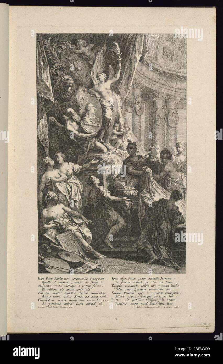 Krönende Elemente Figurengruppen kirchliche Trophäe. Eine große Figurengruppe innerhalb eines architektonischen Innenraums. Oben links ein geflügelter Putto mit einem Schild, darunter ein Löwe und ein Engel, der ein Porträt eines Mannes hält. Zusätzliche Figuren im klassischen Stil. Stockfoto