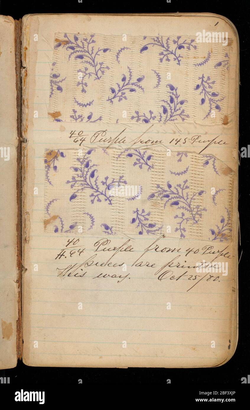 Musterbuch für Drucker. Kleines Notizbuch mit handschriftlichen Formeln für Farbstoffe für bedruckte Textilien. Enthält 149 Muster bedruckter Stoffe. Stockfoto