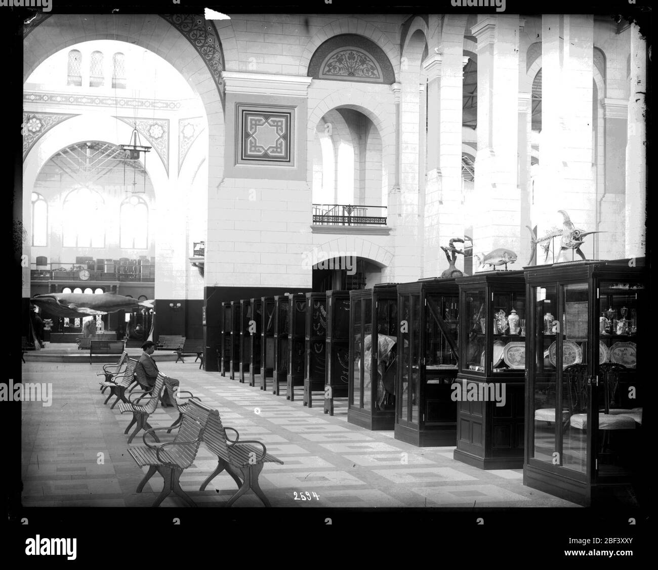 Innenansicht des United States National Museum. Innenansicht des United States National Museum, heute bekannt als das Arts and Industries Building, mit Ausstellungskästen und Bänken. Im Hintergrund ist der Buckelwal zu sehen.Smithsonian Institution Archives, acc. 11-007, Box 011, Bild-Nr. Stockfoto