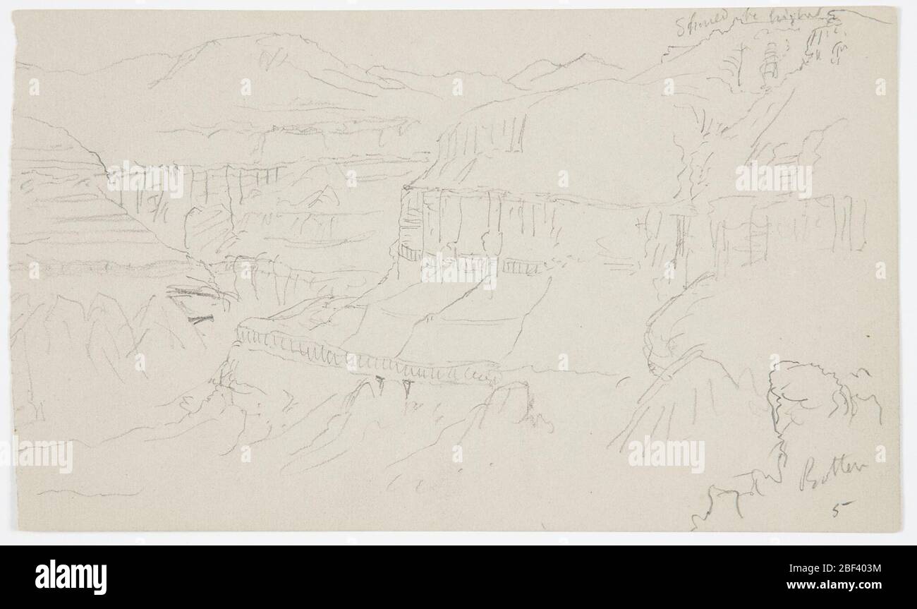 Tal von El Jemen. Horizontale Ansicht schräge Ansicht der rechten Wand des Tals und der rechten Spalte, mit der zentralen Rückwand sichtbar in der linken Mitte Abstand; eine Fortsetzung der Ansicht gesehen in 1917-4-173. Verso: Horizontale Ansicht eines Hügels und ein Detail einer Felswand. Stockfoto
