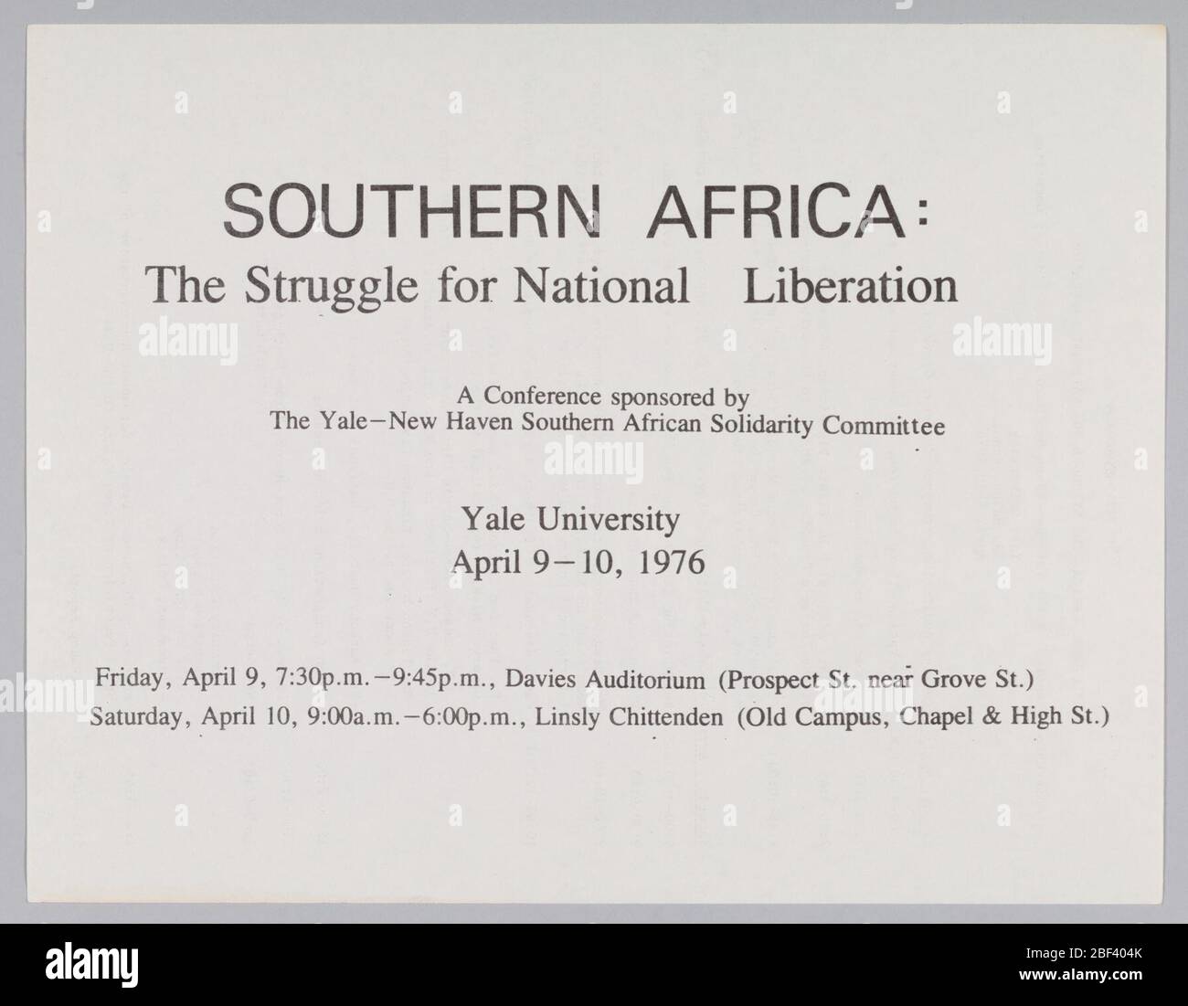 Flyer für das südliche Afrika Konferenz "Kampf für die nationale Befreiung". Dieser Flyer wirbt für eine Konferenz mit dem Titel "Südafrika: Der Kampf für die nationale Befreiung". Der Flyer ist weißes Papier mit schwarzem Text. Stockfoto