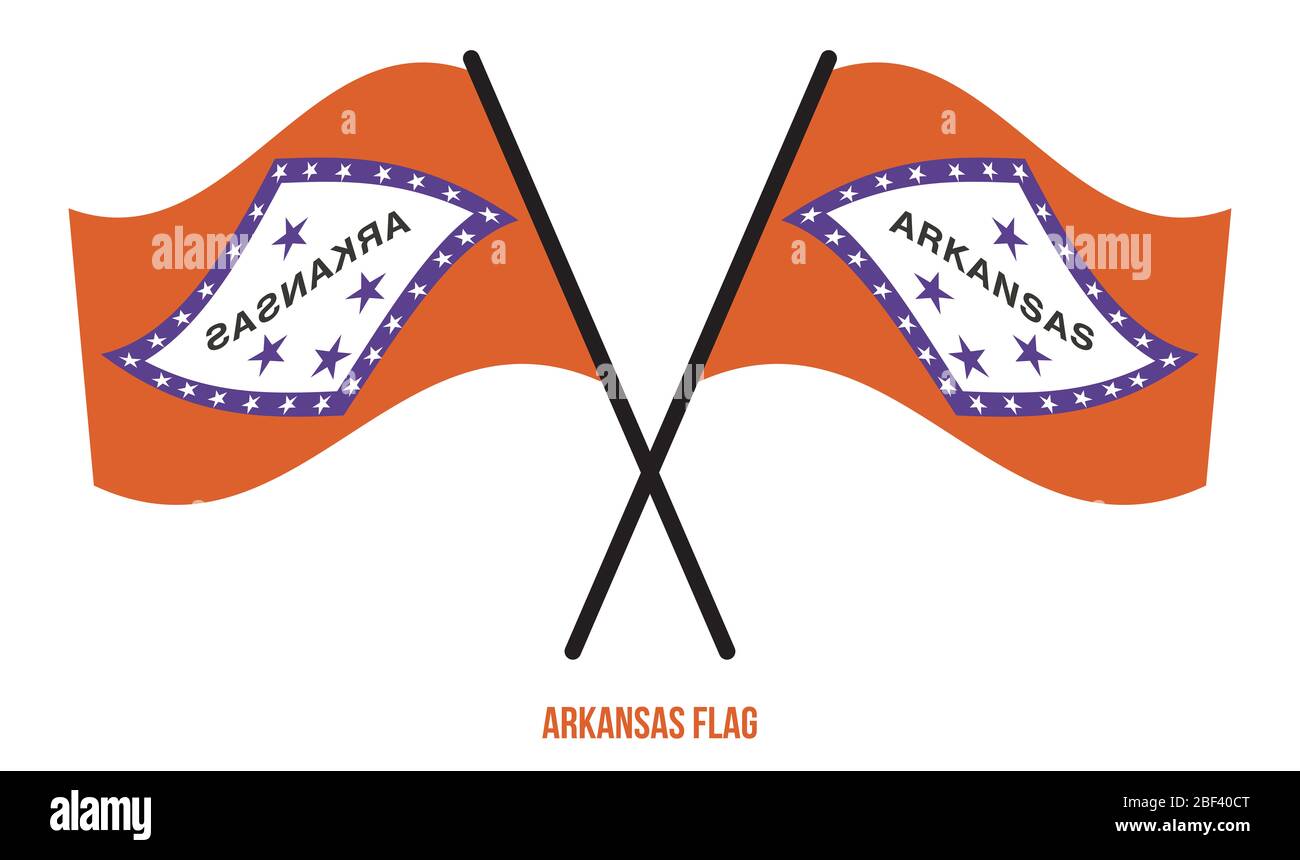 Zwei Gekreuzte Winkende Arkansas Flagge Auf Isoliertem Weißem Hintergrund. USA (USA) Flagge Vektor Illustration. Stockfoto