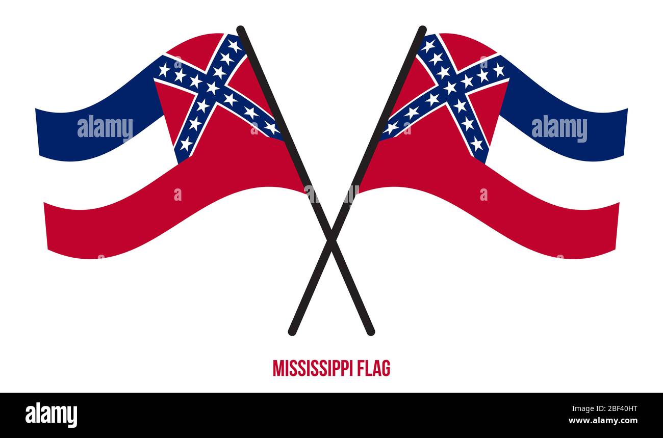 Zwei Gekreuzte Winkende Mississippi Flagge Auf Isoliertem Weißem Hintergrund. USA (USA) Flagge Vektor Illustration. Stockfoto