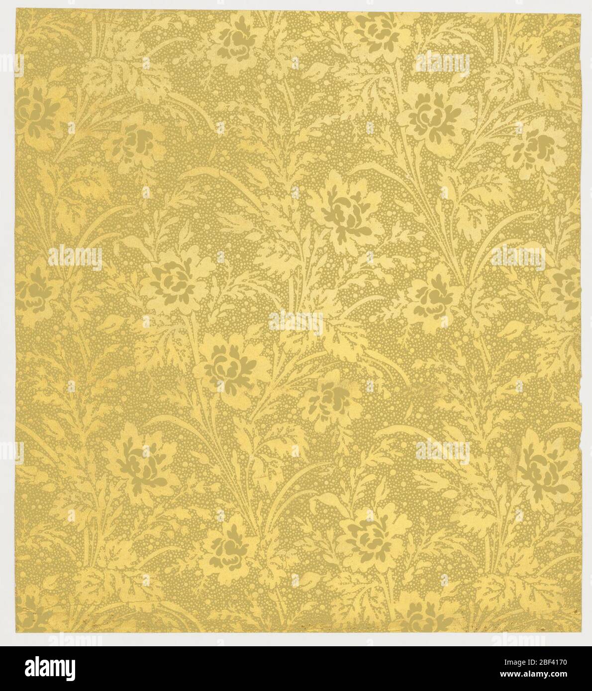 Seitenwand. Ästhetisches Allroundmuster mit stilisierten Pfingstrosenblüten; einmotif diamantförmige Wiederholung in abgesetzten Säulen; Negativ geschliffen mit unregelmäßig großen Punkten; Farbschema aus Gold auf Dunkelgelb. Stockfoto