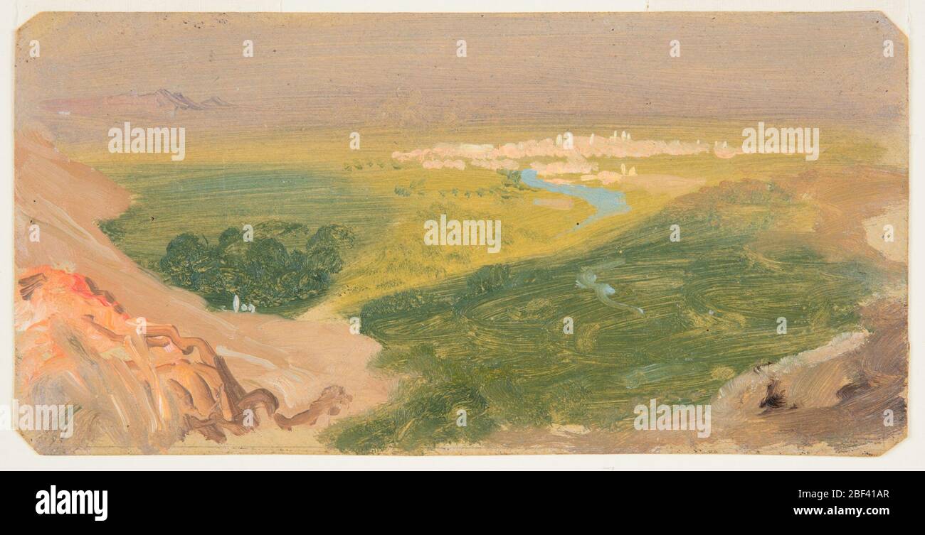 Blick Richtung Damaskus Syrien. Ein Flugzeug wird von den Hängen des Anti-Libanon begrenzt. In der Ferne liegt die Stadt, der Barada-Bach wirkt wie ein See. Stockfoto