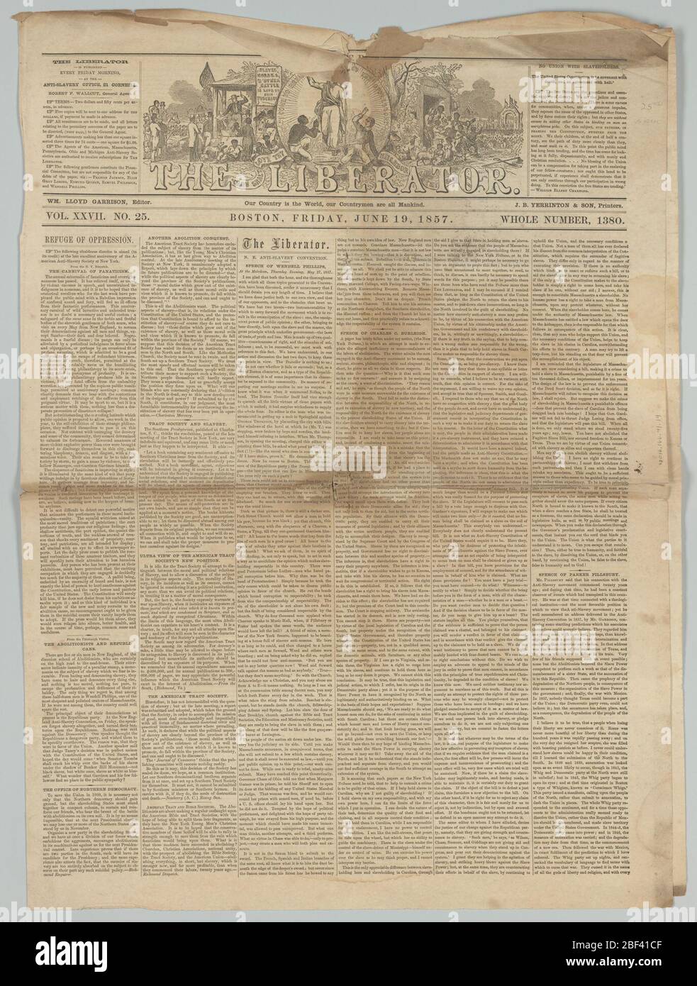 Der Liberator Band XXVII Nr. 25. Eine Ausgabe der Zeitung der Befreierin, Bd. XXVII, Nr. 25 vom 19. Juni 1857. Das Papier wird auf einem einzigen zweigefalteten Blatt Papier gedruckt, auf dem der Text auf der Vorder- und Rückseite der vier (4) Seiten gedruckt ist.transkribiert von digitalen Freiwilligen Stockfoto