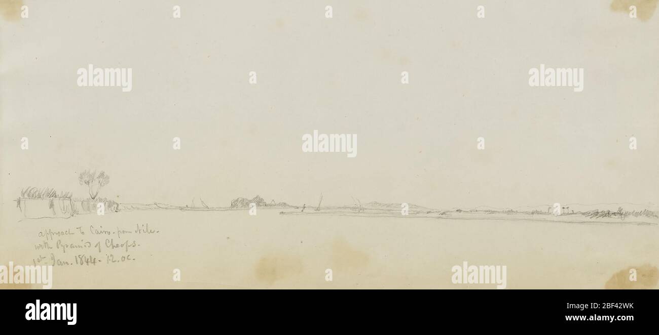 Anfahrt nach Kairo vom Nil mit der Cheops-Pyramide. Stockfoto