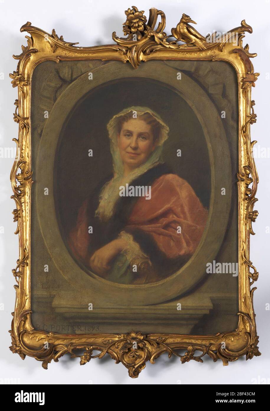 Porträt von Sarah Amelia Cooper. Porträt Büste einer Frau in einer weißen Haube, trägt eine rosa Pelz-gefütterte Robe mit weißen Rüschen, in ovalen Trompe l’oeil Rahmen. Stockfoto