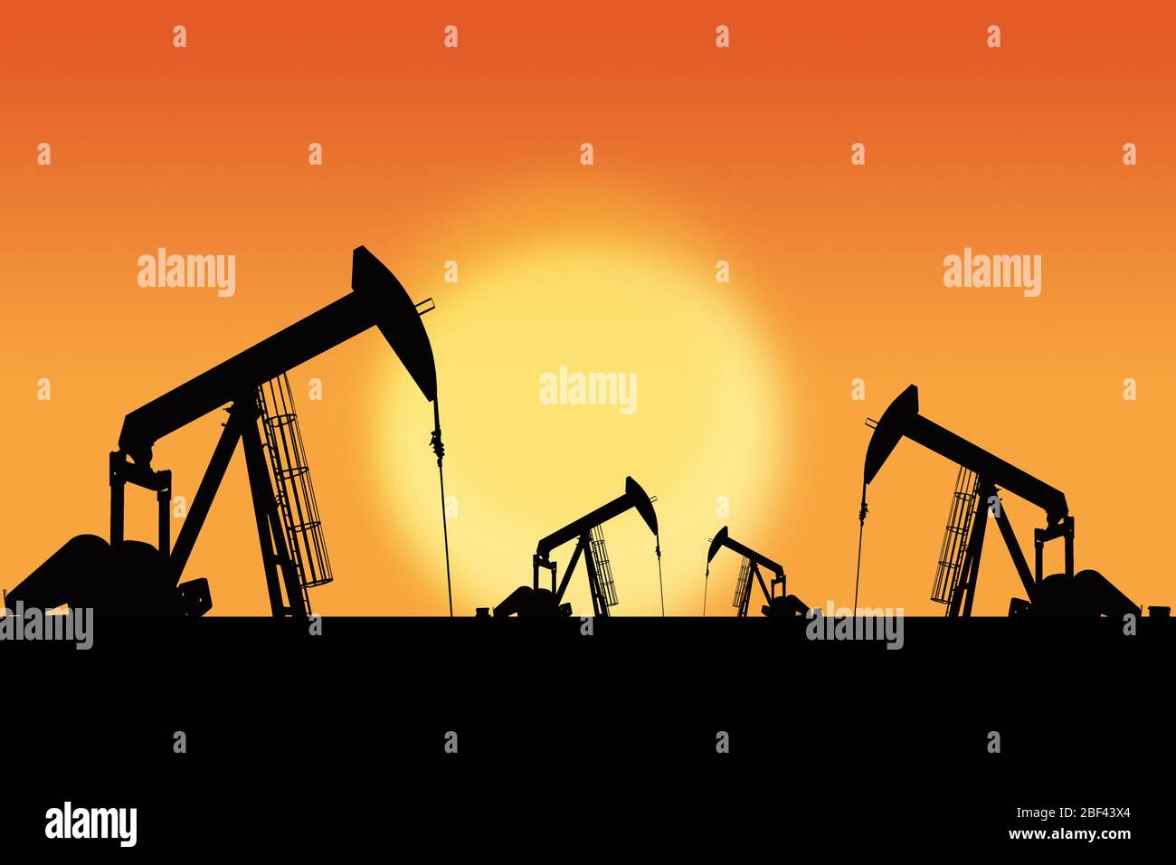 Reihen von Öl-Pumpjacks Silhouette gegen einen Sonnenuntergang Himmel mit Kopie Raum. Öl- und Gasenergie-Exploration. Stockfoto