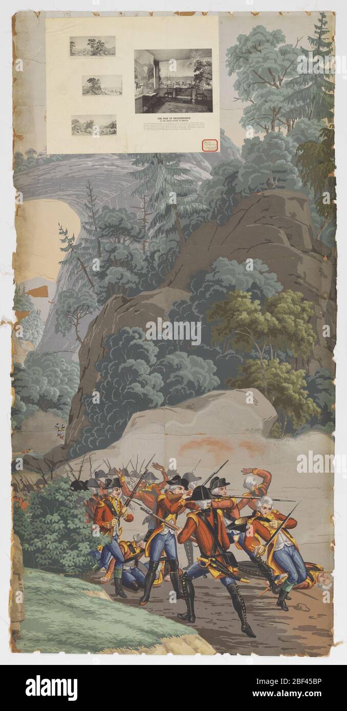 Ansichten des amerikanischen Unabhängigkeitskrieges. Der Hintergrund von 'Scenic America' wird für Szenen der amerikanischen Revolution verwendet. Links im Hintergrund sieht man die natürliche Brücke Virginia; im Vordergrund ziehen sich britische Truppen zurück, die feuern, wie sie es tun. Entfernen Sie 25 und 26 aus einem Satz von 32. Stockfoto