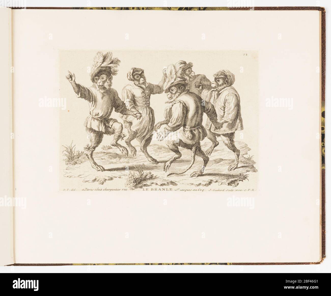 Plate 12 Le Branle die Branle Singeries ou diffrentes Actions de la vie humaine reprsentes par des singes Monkey Potics or different Actions of Human Life representiert von Monkeys. Platte 12 einer Serie von 23 Drucken, die Affen als Menschen in verschiedenen Figurenszenen zeigen. Im Freien, eine Gruppe von Affen Figuren in Menschenkostüm, Männer und Frauen, viele der Männer tragen aufwendige gefiederte Hüte. Stockfoto