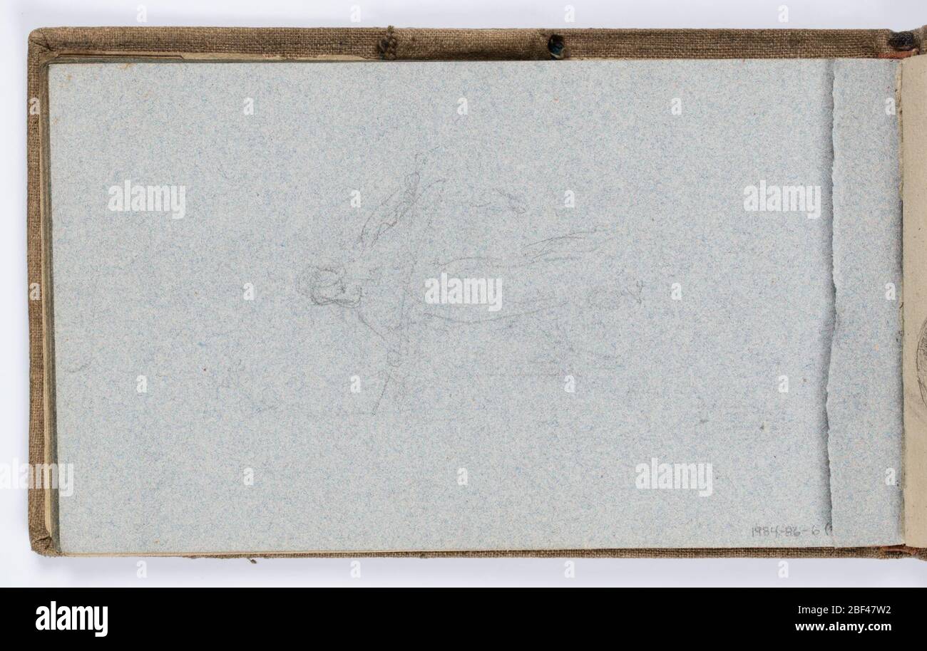 Skizzenbuch Seite Abbildung Skizze. Grobe Skizze der stehenden Figur, hält einen Stab oder Seil horizontal. Stockfoto