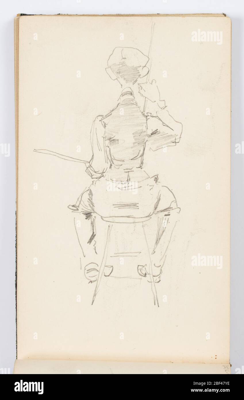 Skizzenbuch Seite Künstler bei der Arbeit. Recto: Skizze eines Künstlers bei der Arbeit an einer Staffelei, nicht abgebildet. Figur von hinten gesehen, auf einem Hocker sitzend, mit Palette in der linken und rechten Hand angehoben.Verso: Skizze einer Landschaft. Stockfoto