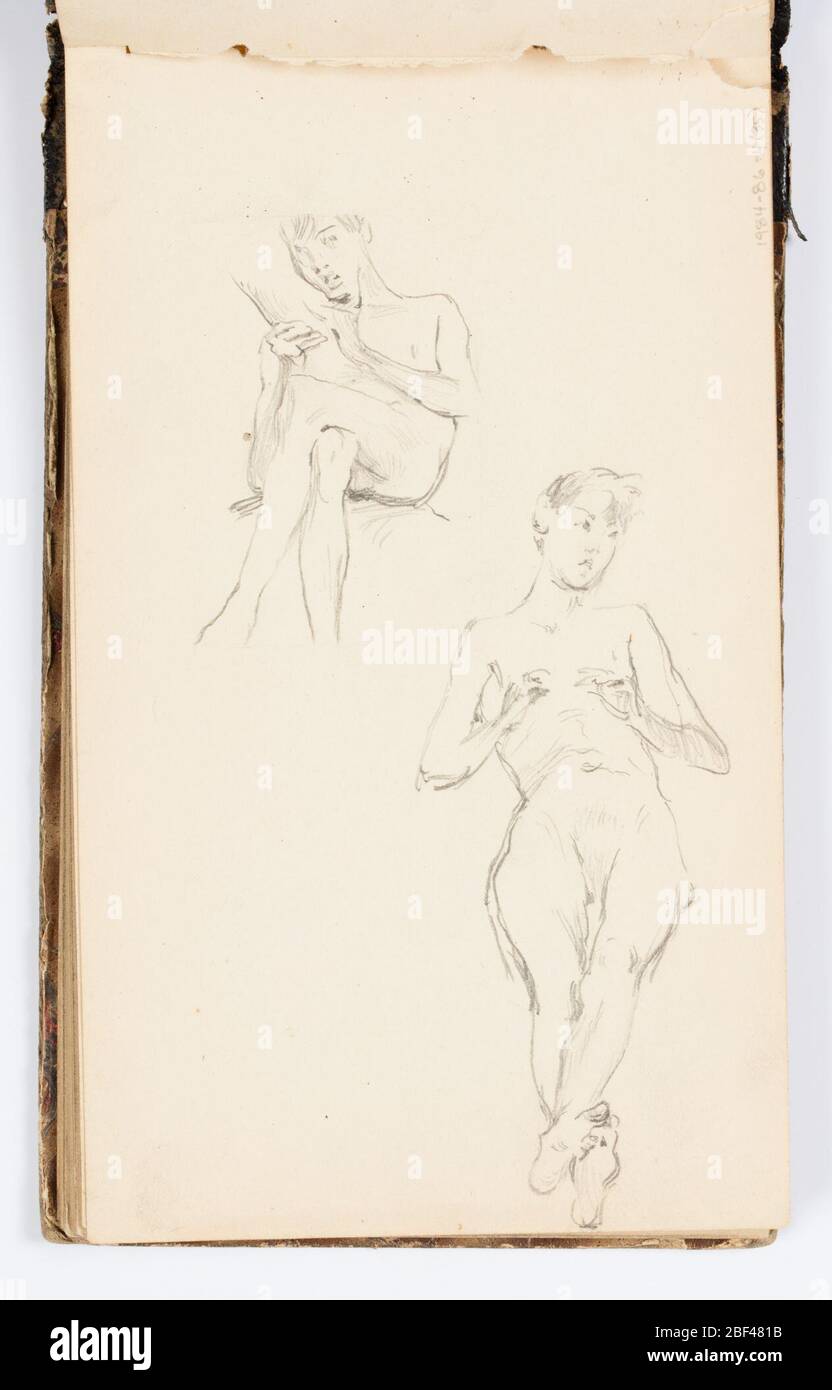 Skizzenbuch Seite. Skizzen von zwei Figuren, eine sitzend und die andere liegend. Die sitzende Figur hält ein Objekt, möglicherweise ein Skizzenbuch. Stockfoto