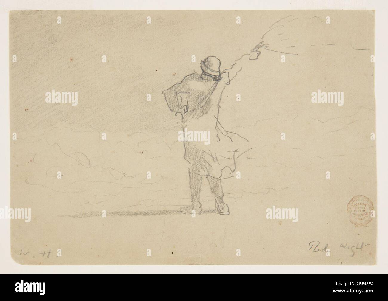 Rotes Licht. Recto: Horizontale Ansicht eines Mannes in Ölfellen, der am Rande eines stürmischen Ozeans steht und einen Flare in seinem hochgepriesenen rechten Arm hält.Verso: Linien aus einer größeren Skizze. Stockfoto