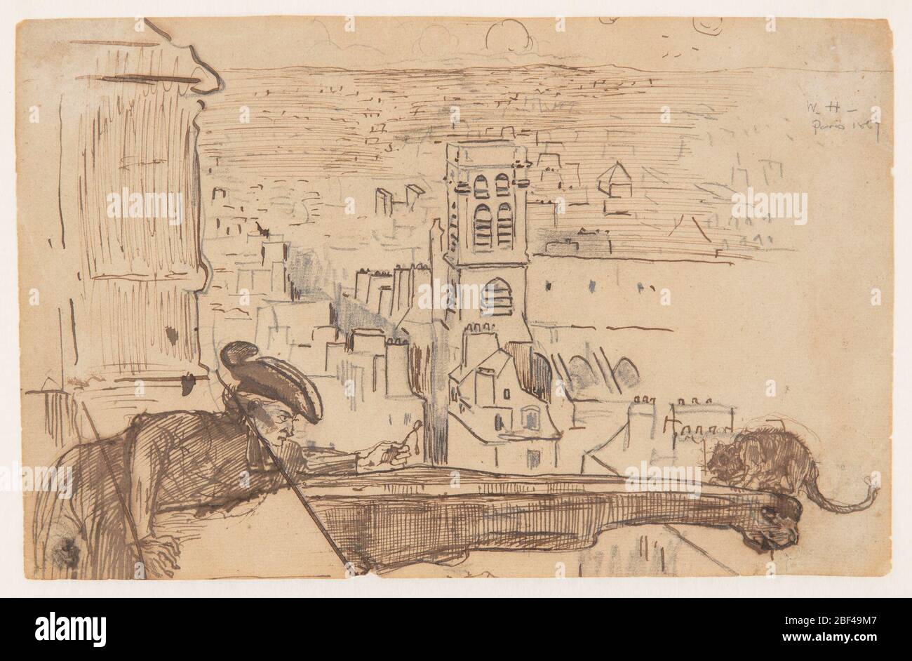 Blick auf Paris mit einer Brüstung des Doms Notre Dame. Horizontaler Blick über Paris von einer Brüstung des Turms der Kathedrale Notre Dame im Vordergrund, wo ein Mann einen Querlenker aushält, um eine Katze zu locken, die am äußersten äußeren Ende eines Wasserspeiers hockt. Stockfoto