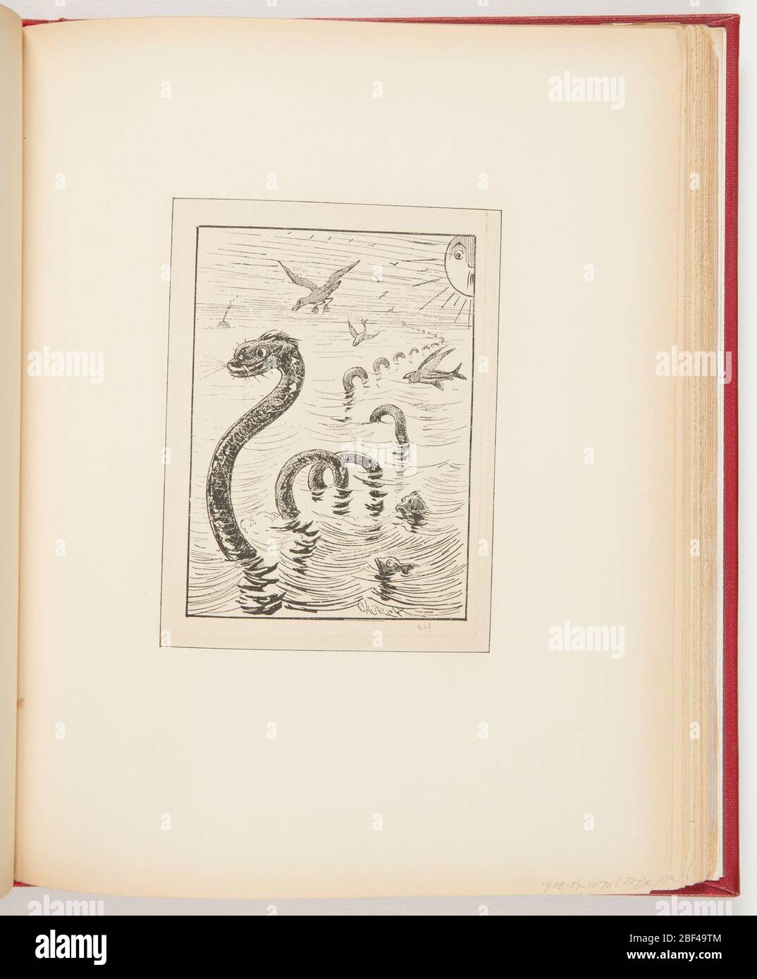 Die große Seeasarpint. Mitte, riesige Seeschlange, mit Schwanz, der in die Ferne reicht. Verschiedene Fische und Vögel fliegen herum; oben rechts, überraschte Sonne. Stockfoto