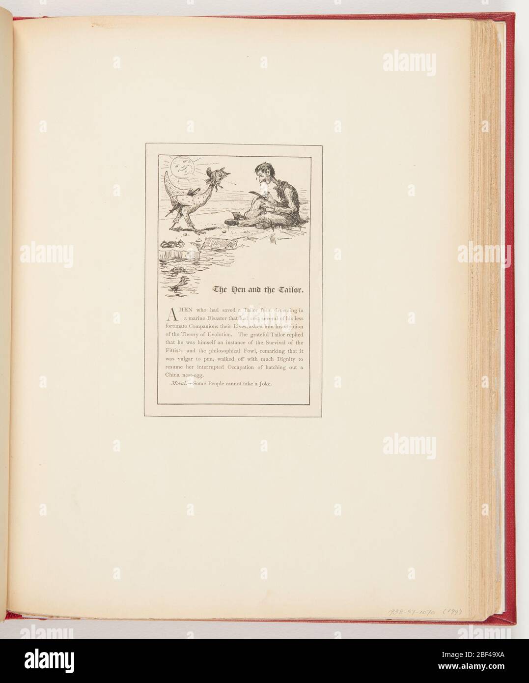 Der Hen und der Seemann. Oben links, Seitenprofil von Hähnchen mit Motorhaube und Schirm unter dem Flügel. Oben rechts, Profil des sitzenden Mannes, der Stoff mit Schere schneidet. Beide befinden sich auf dem Eisberg. Unten links, abwetzende Figur. Unten, Kurzgeschichte. Lächelnde Sonne im Hintergrund. Stockfoto