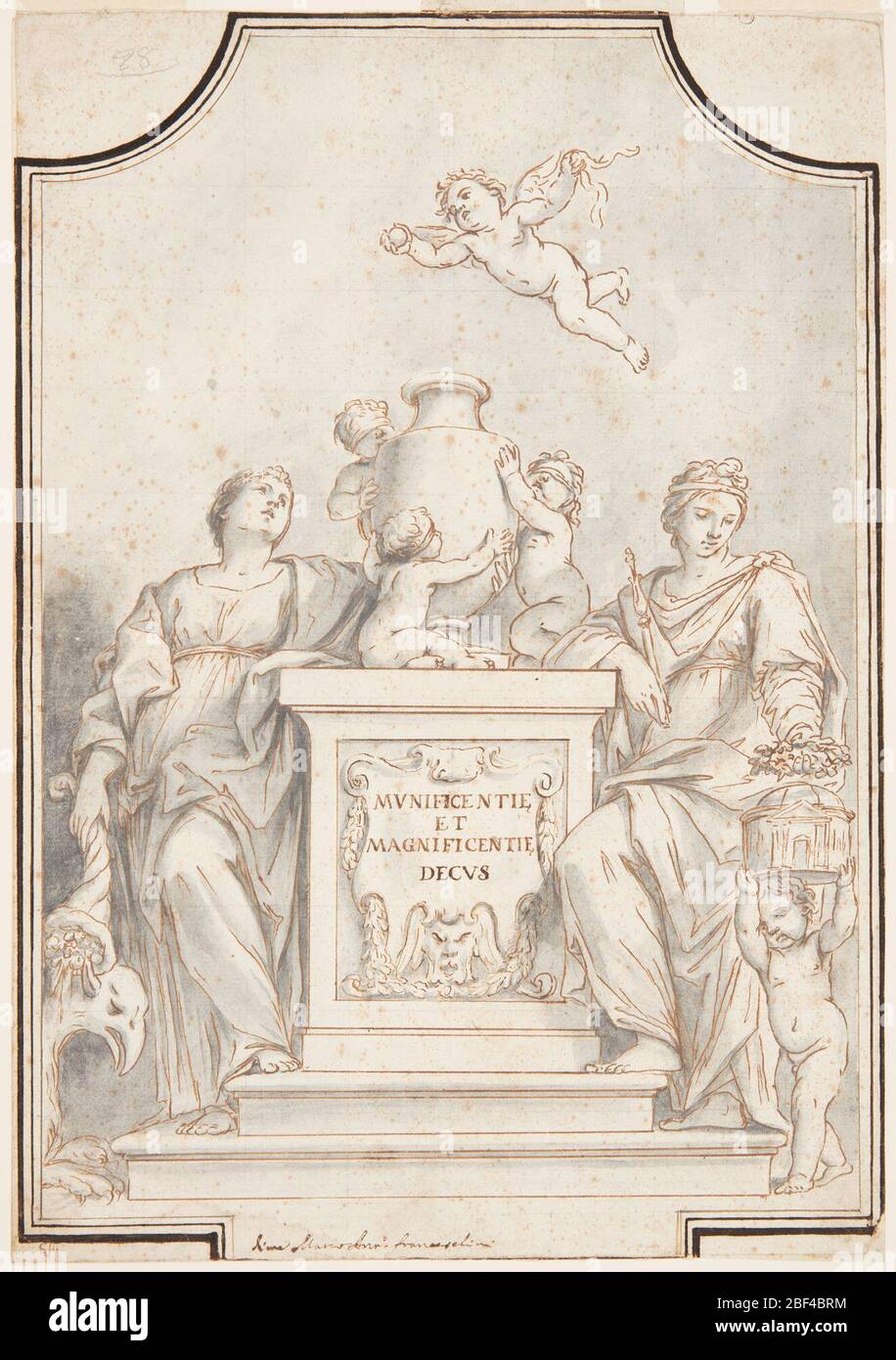 Design für eine monochrome Malerei Kirche von Corpus Domini Bologna Italien. Figurengruppe, die eine Urne auf einem Sockel umgibt. Drei Kinder mit verbundenen Augen umgeben die Vase, die sich jeweils an sie klammert. Ein fliegender Putto, der seine Augen aufgedeckt hat, hält einen Ball darüber. Stockfoto