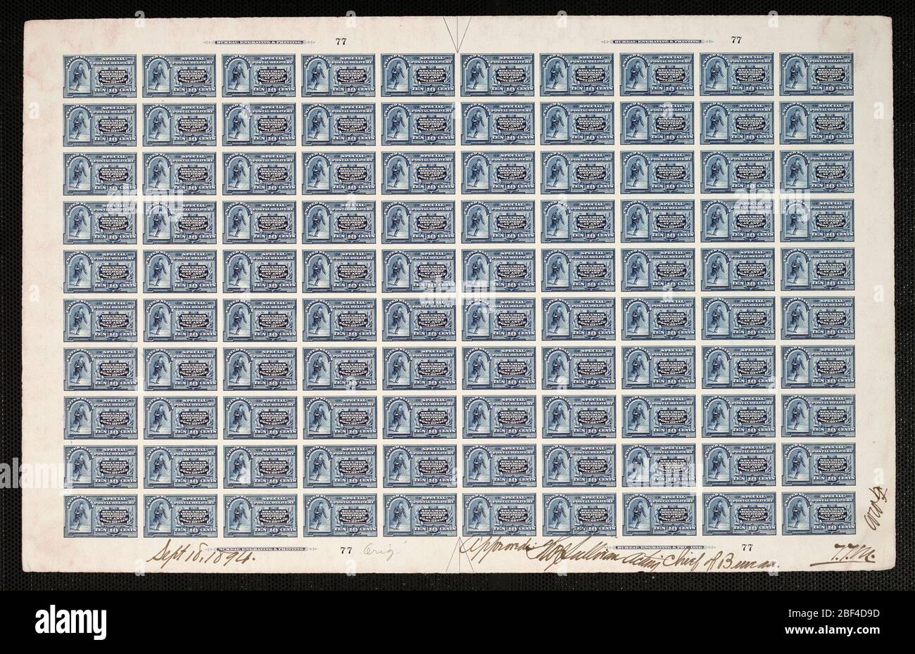 10c Sonderlieferung, plattenfest. Zertifizierte Plattenproofs sind der letzte gedruckte Proof der Platte vor dem Druck der Stempel im Büro für Gravur und Druck. Diese Plattenproofs sind jeweils eindeutig, mit den Genehmigungsunterschriften und dem Datum. Stockfoto