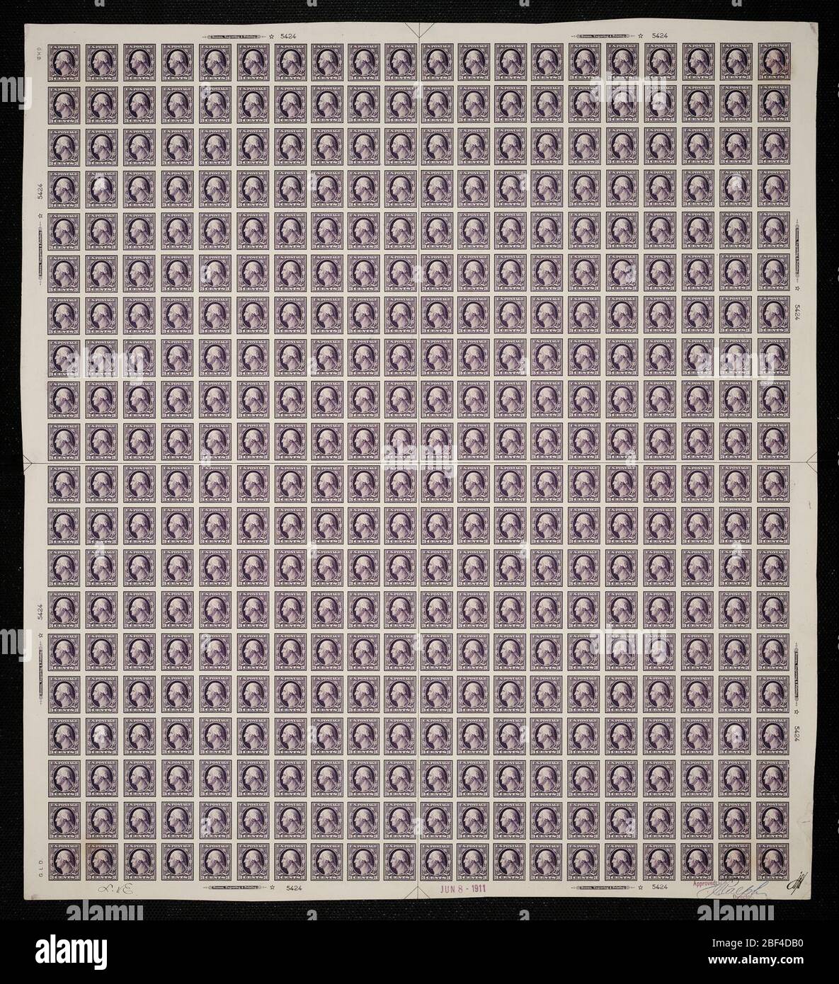 3c Washington, plattenfest. Zertifizierte Plattenproofs sind der letzte gedruckte Proof der Platte vor dem Druck der Stempel im Büro für Gravur und Druck. Diese Plattenproofs sind jeweils eindeutig, mit den Genehmigungsunterschriften und dem Datum. Stockfoto
