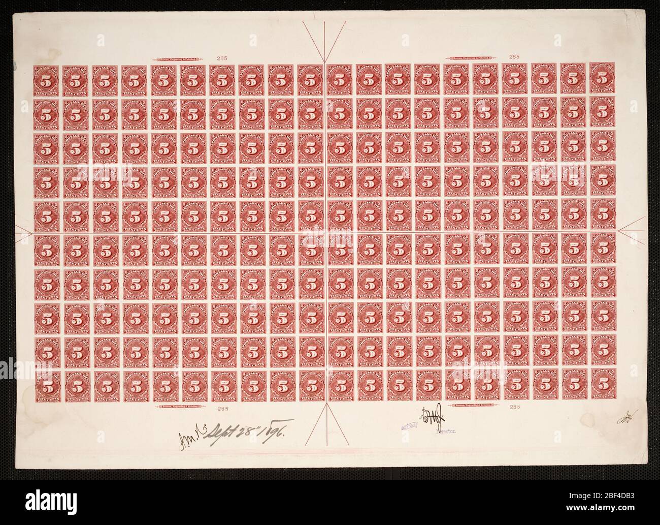 5c Postage Due Plate Proof. Zertifizierte Plattenproofs sind der letzte gedruckte Proof der Platte vor dem Druck der Stempel im Büro für Gravur und Druck. Diese Plattenproofs sind jeweils eindeutig, mit den Genehmigungsunterschriften und dem Datum. Stockfoto