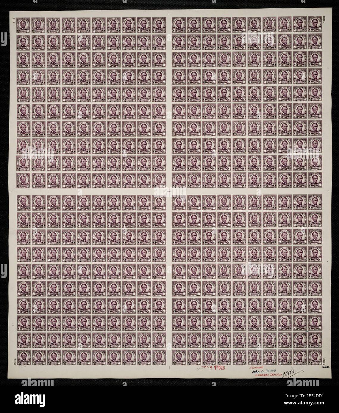 3c Abraham Lincoln Platte Beweis. Zertifizierte Plattenproofs sind der letzte gedruckte Proof der Platte vor dem Druck der Stempel im Büro für Gravur und Druck. Diese Plattenproofs sind jeweils eindeutig, mit den Genehmigungsunterschriften und dem Datum. Stockfoto