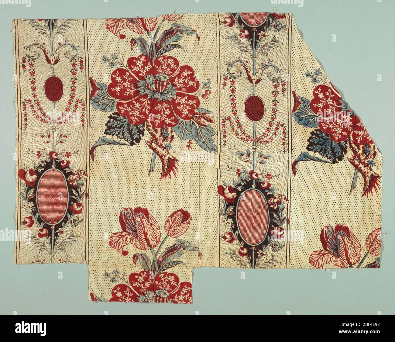 Textil. Wechsel von zwei Streifen: Der breitere (ca. 11 cm), gemustert von großen Blumeneinheiten auf schwarzem Picottage-Hintergrund, der andere (ca. 1/8 cm) Stockfoto
