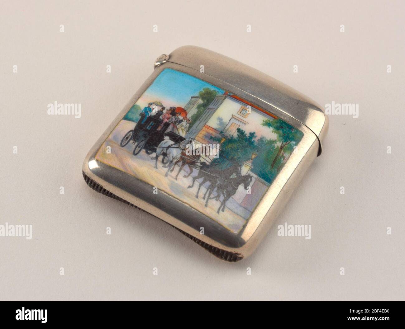 Coaching-Szene. Quadratisch, mit abgerundeten Ecken und Seiten, mit polychromer Emaillecoaching-Szene. Stockfoto