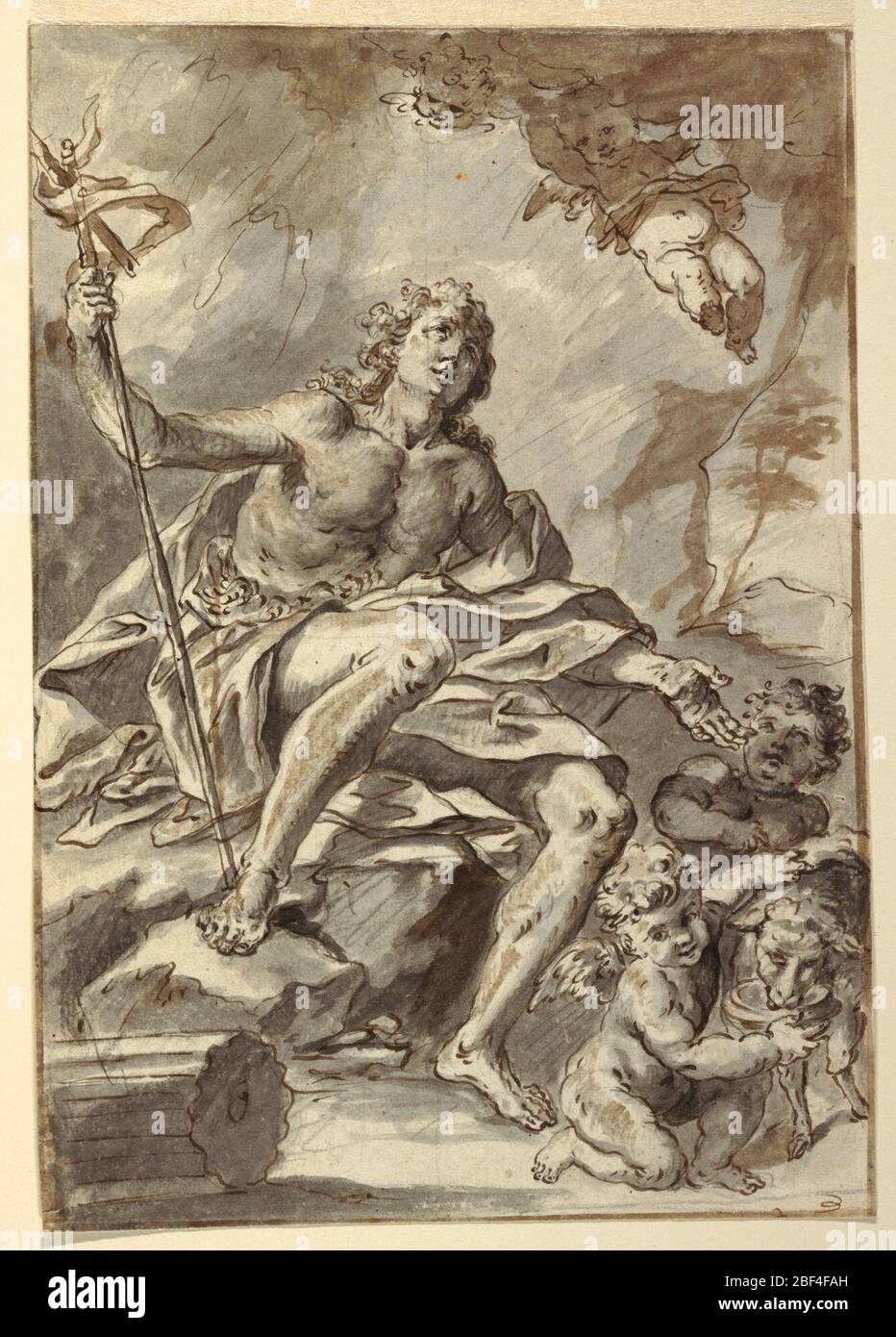 Johannes der Täufer. Zeichnung von Johannes dem Täufer auf einem Felsen sitzend. Er hält einen Stab in der rechten Hand, während er die andere ausstreckt und zum Himmel blickt. Ein geflügelter Putto fliegt darüber und zwei andere umringen ein Lamm in der unteren rechten Ecke. Stockfoto