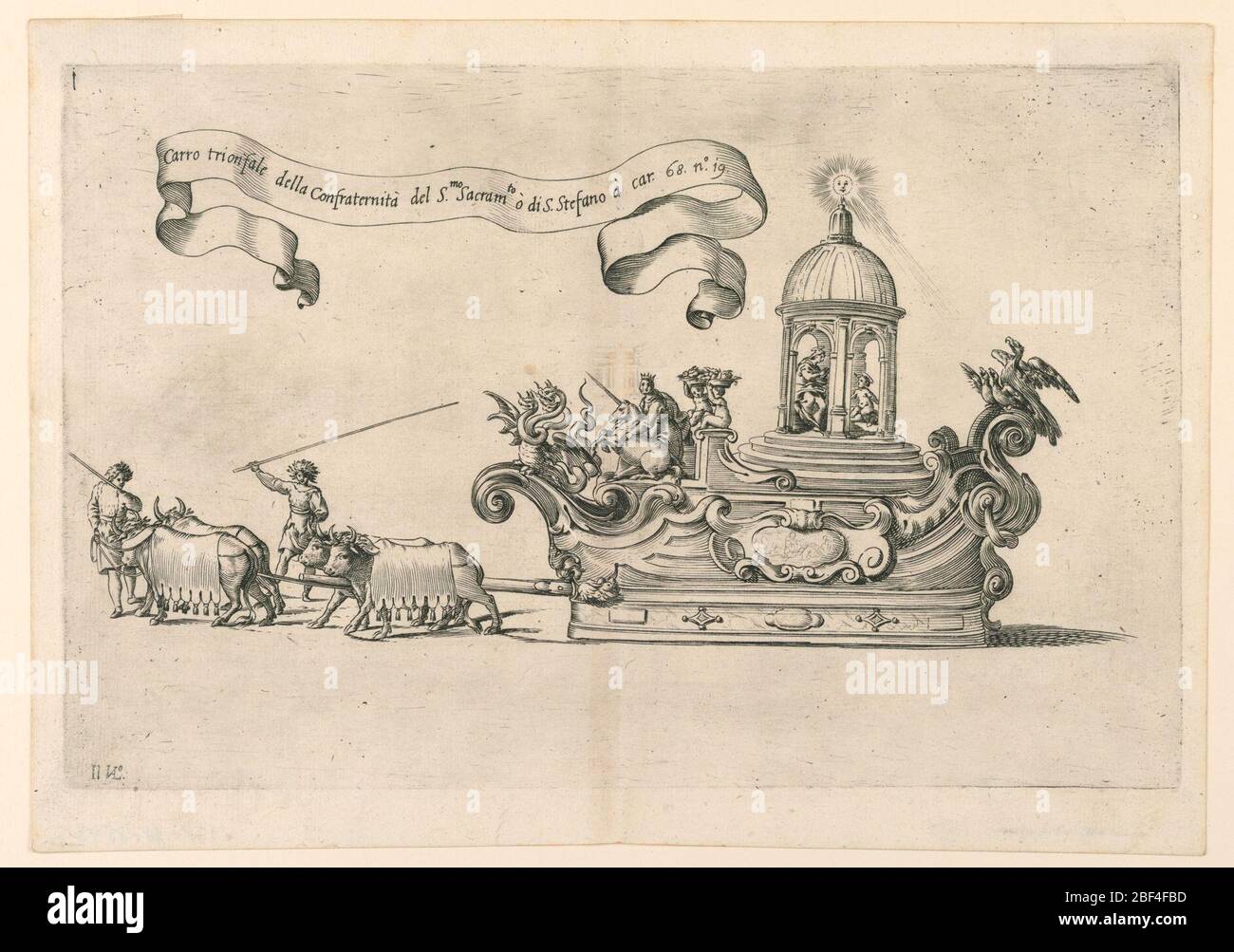 Ein Festzug in Reggio Italien Carro trionfale della Confraternit del Sto Sacrameto di S Stefano der Triumphzug der Bruderschaft des Heiligen Sakraments des heiligen Stephanus Platte 2a aus A Isacchi Relatione di Alfonso Isachi intorno lorigine solennit traslatatione et miracoli della Madonna di Reggio herausgegeben von Flaminio Bartoli Reggio. Ein Festwagen: Die Jungfrau mit dem Kind in einer kleinen Kuppelstruktur auf einem Wagen mit allegorischen Figuren und Tieren, von Stieren gezogen geschmückt. Stockfoto Ein Festzug in Reggio Italien Carro trionfale della Confraternit del Sto Sacrameto di S Stefano der Triumphzug der Bruderschaft des Heiligen Sakraments des heiligen Stephanus Platte 2a aus A Isacchi Relatione di Alfonso Isachi intorno lorigine solennit traslatatione et miracoli della Madonna di Reggio herausgegeben von Flaminio Bartoli Reggio. Ein Festwagen: Die Jungfrau mit dem Kind in einer kleinen Kuppelstruktur auf einem Wagen mit allegorischen Figuren und Tieren, von Stieren gezogen geschmückt. Stockfoto