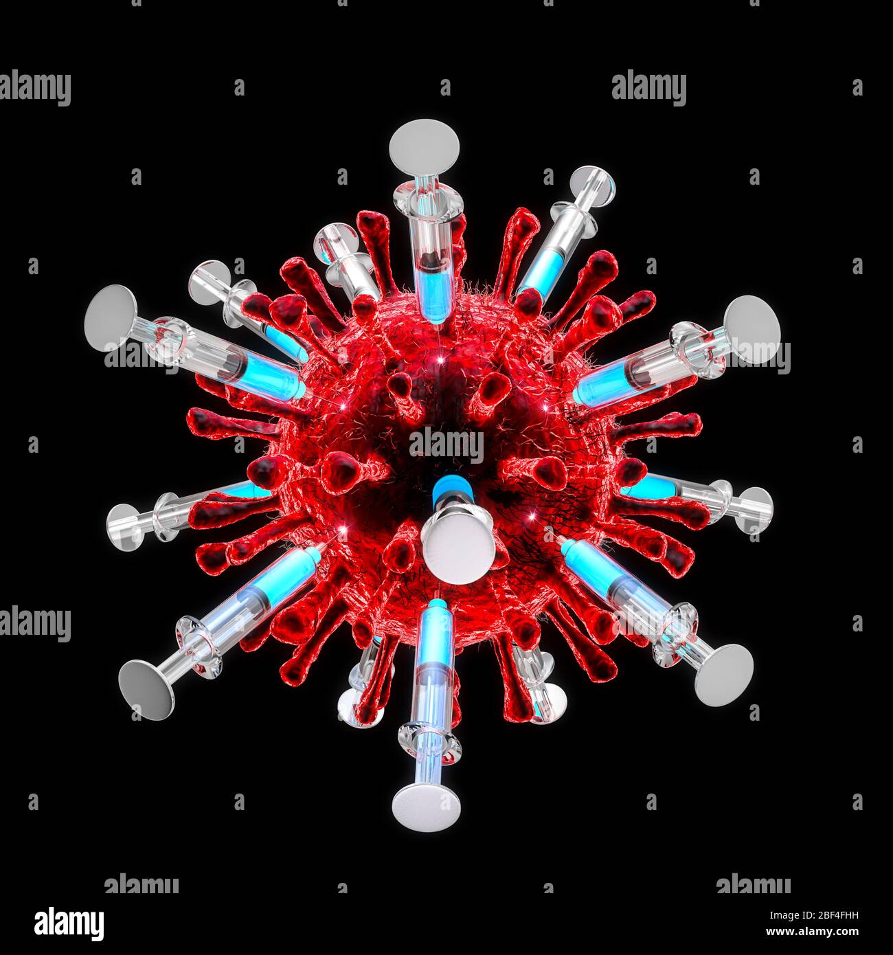 Covid-19 Impfstoff-Entwicklungskonzept / 3D-Abbildung mehrerer medizinischer Spritzen, die eine rote Coronavirus-Zelle auf schwarzem Hintergrund isolieren Stockfoto