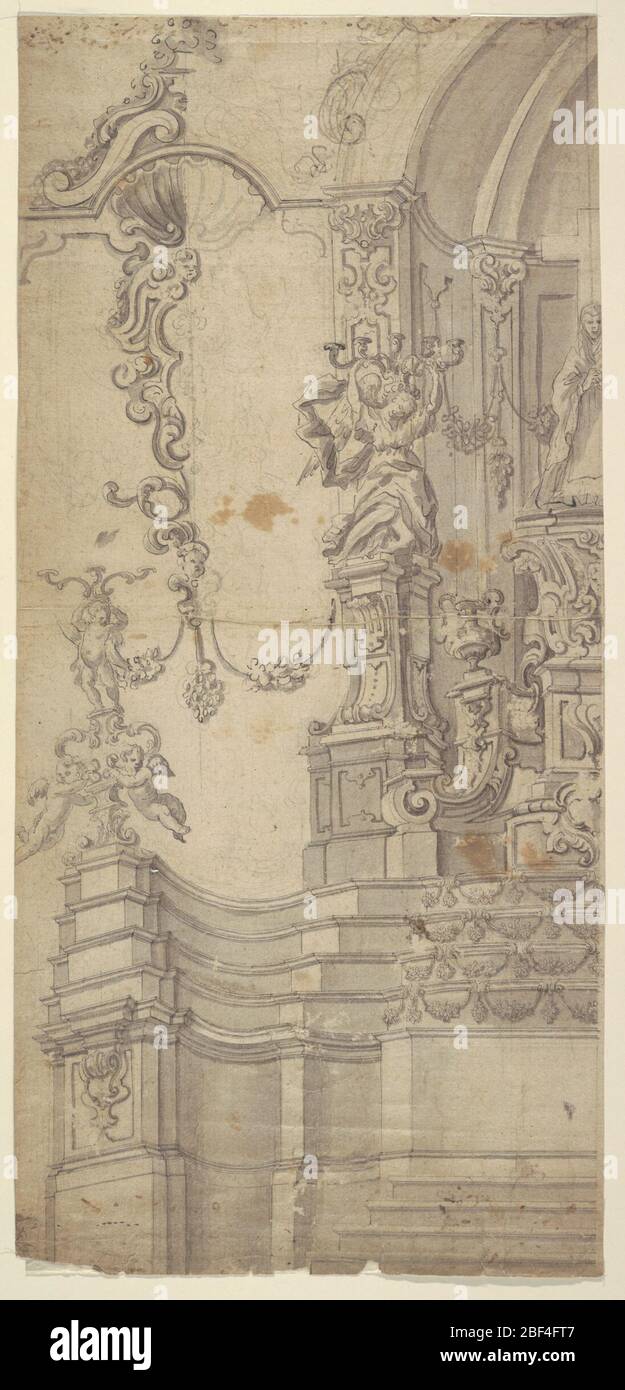 Entwurf für einen Altar. Die linke Hälfte des architektonischen Entwurfs für einen Altar ist gezeigt. Die mensa hatte einen konvexen Plan, mit vier Stufen vor dem geraden Mittelteil. Das Kopfstück hat vier Stufen. Stockfoto