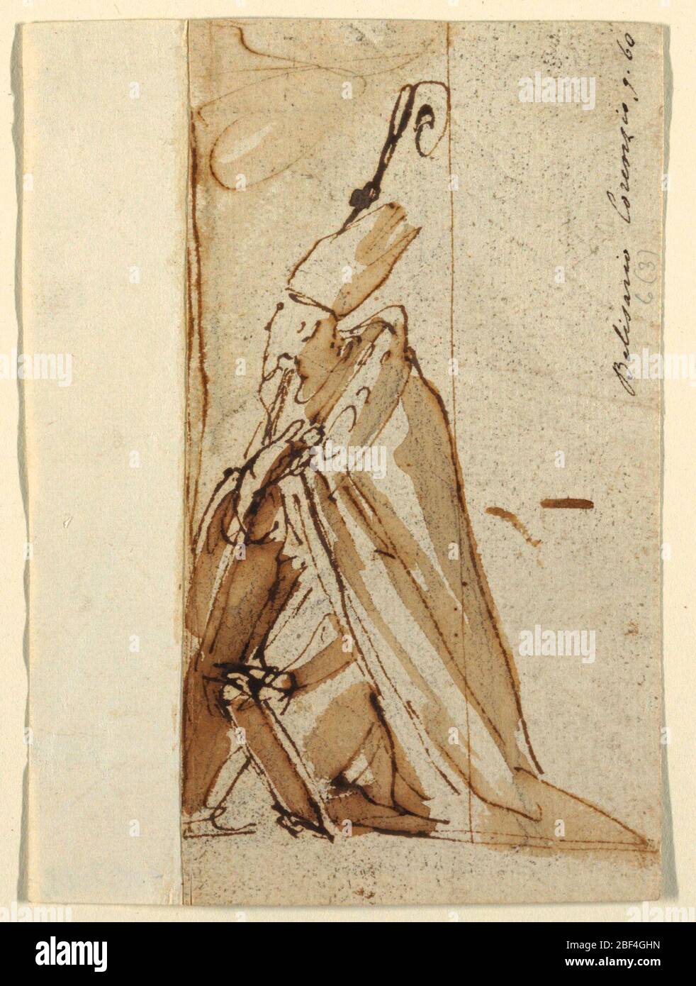 Ein knieenden Bischof. Bischof kniet, in Mantel und hohen Hut, auf Stab lehnend, Gesicht vom Betrachter abgewandt. Stockfoto