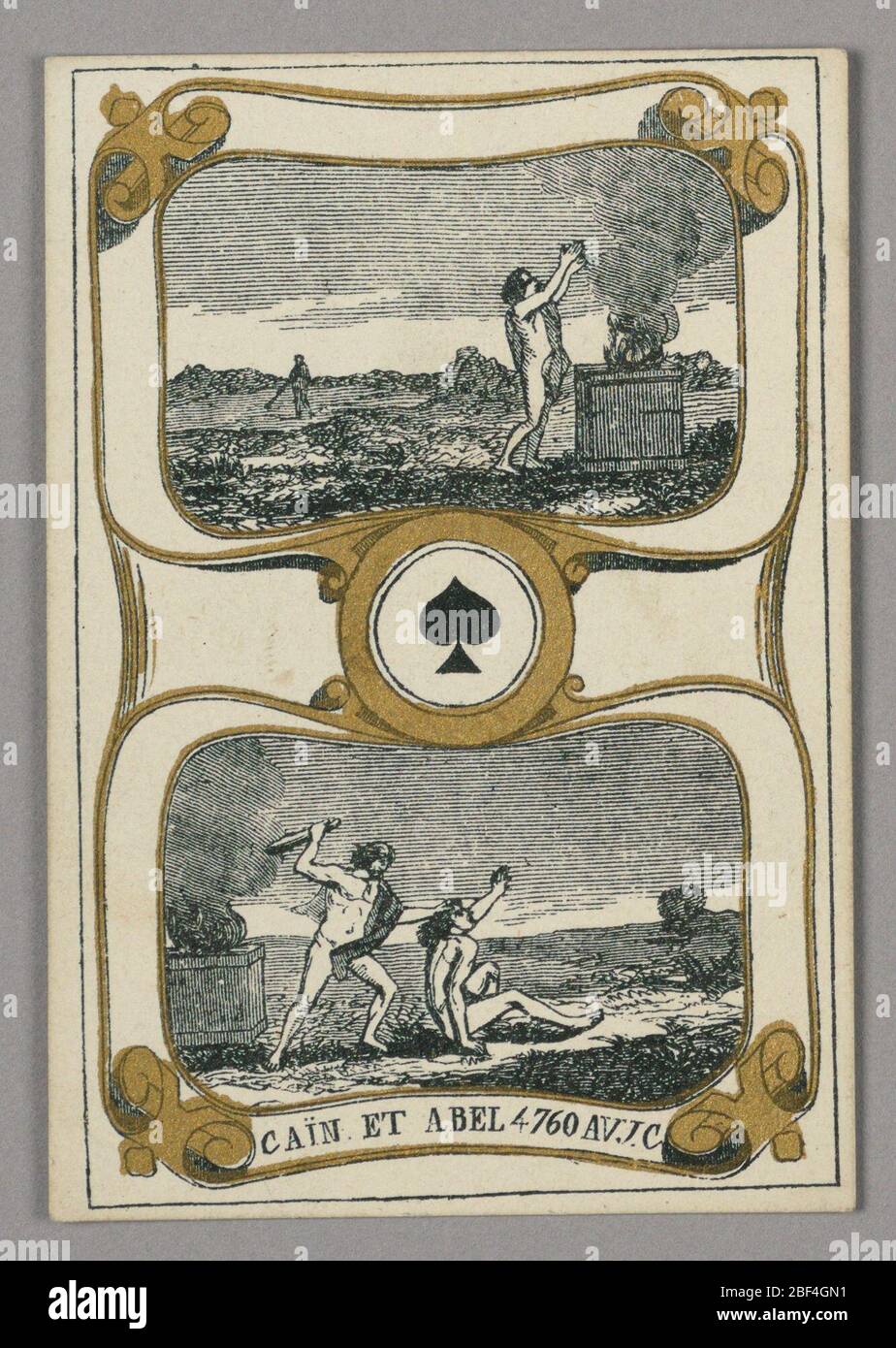 Cain und Abel Spielkarte aus dem Kartenset von Cartes hroques oder des grands hommes. Spielkarte aus einem Set von 'Cartes héroïques' oder 'des grands hommes' Stockfoto