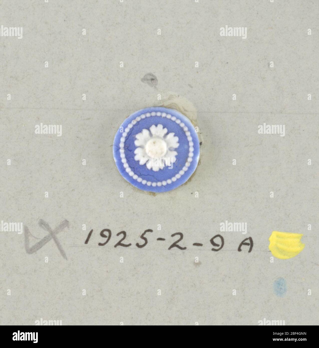 Medaillon-Taste. Ein kreisförmiges Medaillon im Stil von Wedgwood Jasperware; verziert mit einer offenen Blume, umgeben von einem Ring aus kleinen weißen Punkten; weiß auf blauem Grund; die Blüten variieren leicht mit sechs runden Blütenblättern. Zentrales Loch.auf Karte 4 Stockfoto