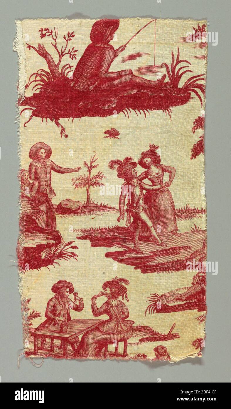 Fragmente. Zwei Stücke kleiner Abschnitt eines großen Designs. Dieser Abschnitt enthält eine Windmühle, ein tanzendes Paar, Commedia del'arte Figuren und Comic-Szenen. In rot auf weiß. Stockfoto