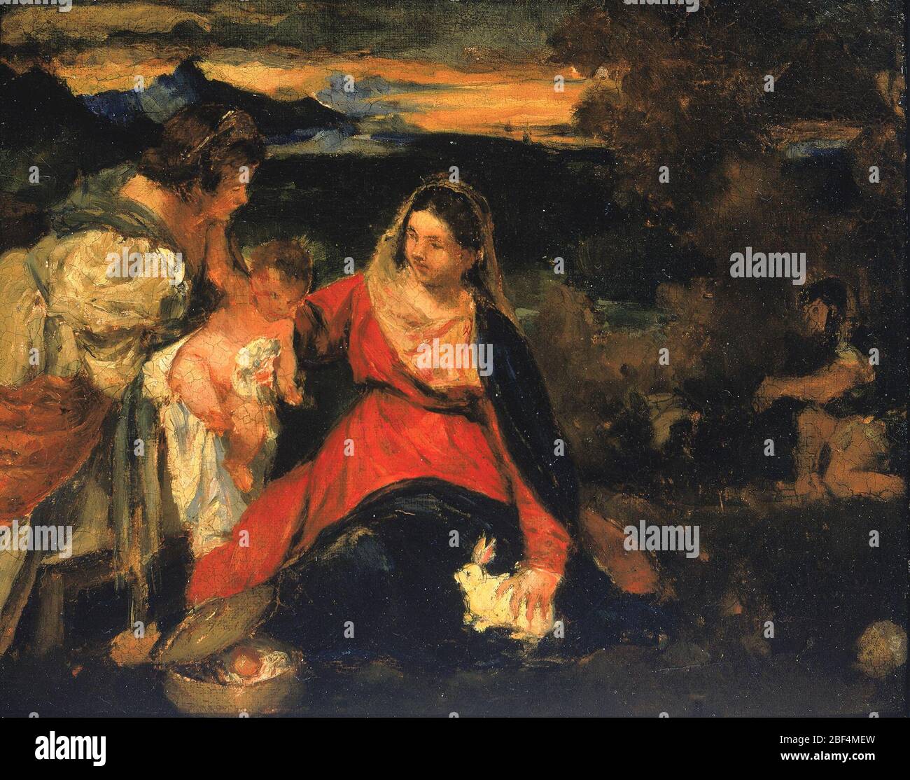 Nach Tizians Madonna des Hasen. Dieses kleine, skizzenartige Bild malte Kenyon Cox während seines Studiums in Paris. Obwohl Cox bei bekannten französischen Künstlern ausgebildet wurde, waren seine Werke weitgehend von griechischer, römischer und Renaissance-Kunst beeinflusst Stockfoto