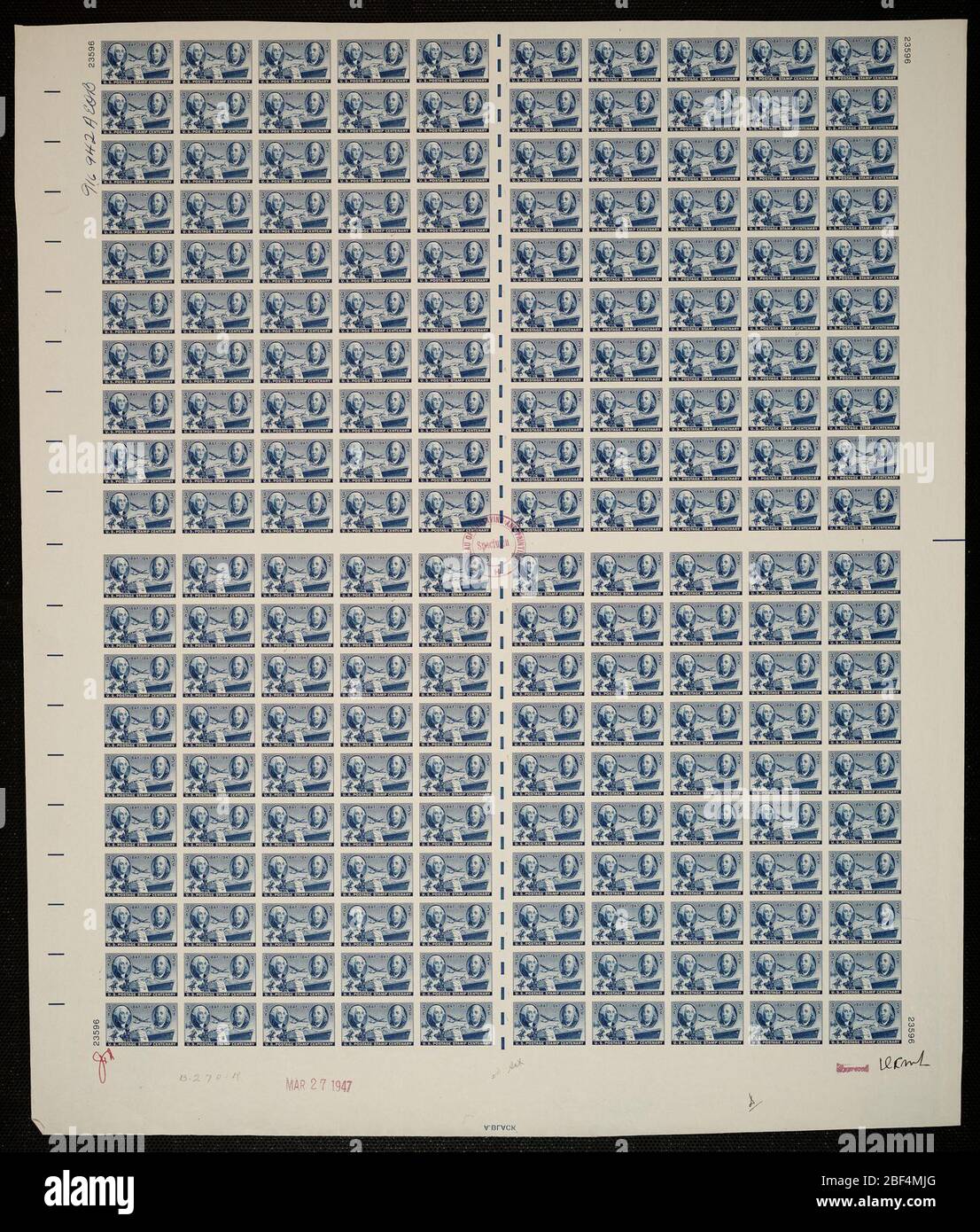 3c Briefmarke 100 Jahre Plattenfest. Zertifizierte Plattenproofs sind der letzte gedruckte Proof der Platte vor dem Druck der Stempel im Büro für Gravur und Druck. Diese Plattenproofs sind jeweils eindeutig, mit den Genehmigungsunterschriften und dem Datum. Stockfoto