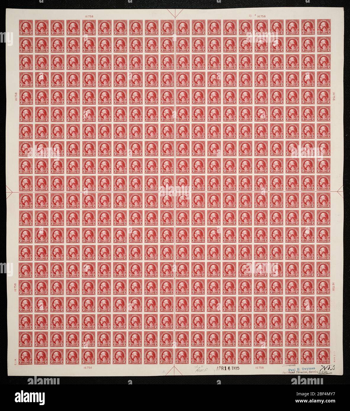 2c Washington Plattenfest. Zertifizierte Plattenproofs sind der letzte gedruckte Proof der Platte vor dem Druck der Stempel im Büro für Gravur und Druck. Diese Plattenproofs sind jeweils eindeutig, mit den Genehmigungsunterschriften und dem Datum. Stockfoto