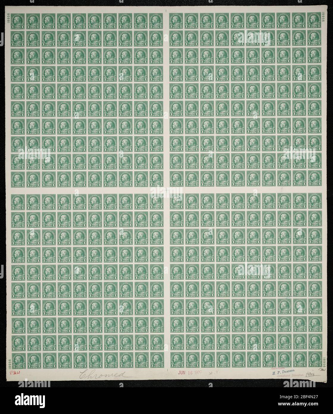 1c Franklin Plattenfest. Zertifizierte Plattenproofs sind der letzte gedruckte Proof der Platte vor dem Druck der Stempel im Büro für Gravur und Druck. Diese Plattenproofs sind jeweils eindeutig, mit den Genehmigungsunterschriften und dem Datum. Stockfoto