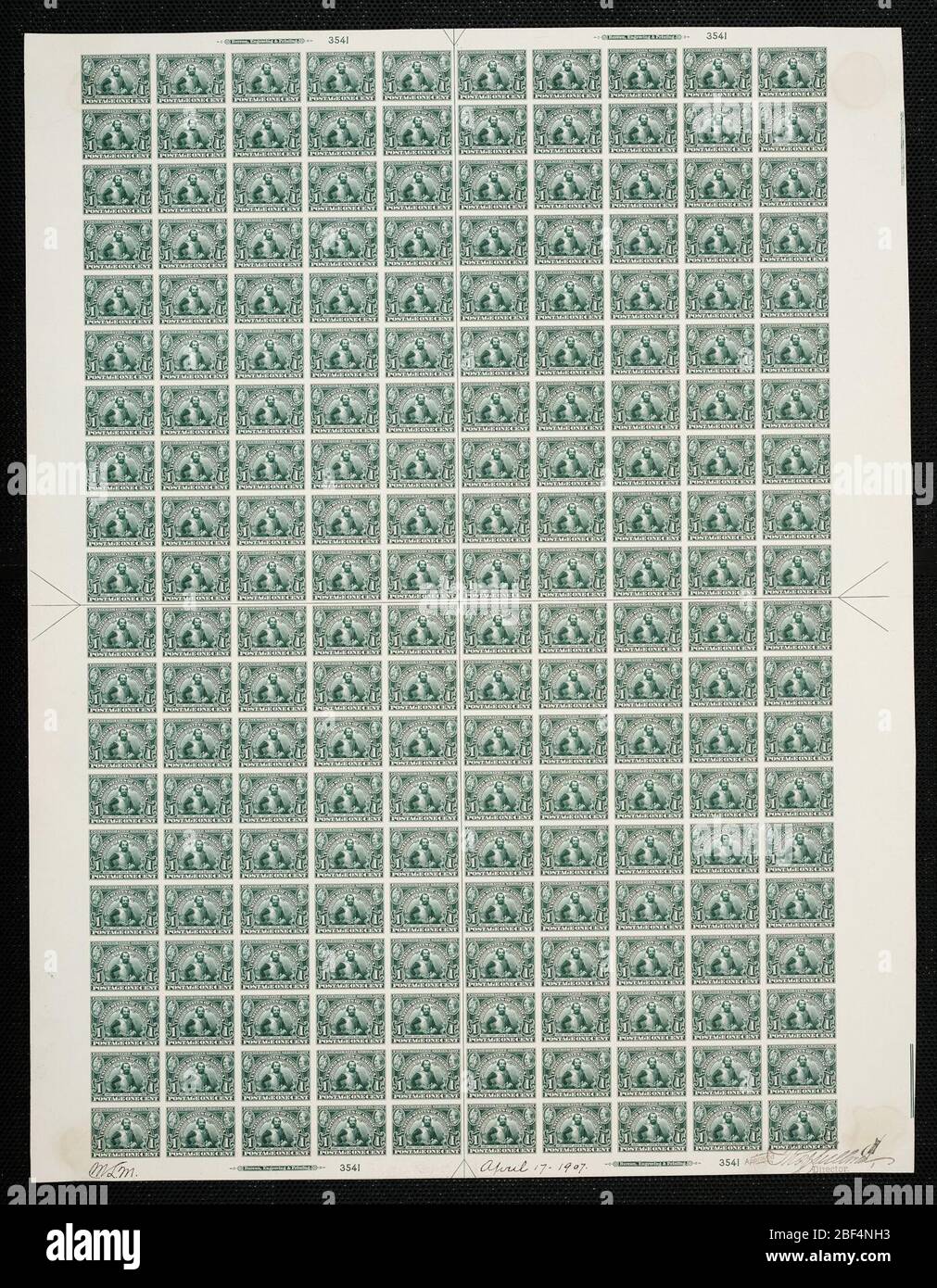 1c Captain John Smith Plattenfest. Zertifizierte Plattenproofs sind der letzte gedruckte Proof der Platte vor dem Druck der Stempel im Büro für Gravur und Druck. Diese Plattenproofs sind jeweils eindeutig, mit den Genehmigungsunterschriften und dem Datum. Stockfoto