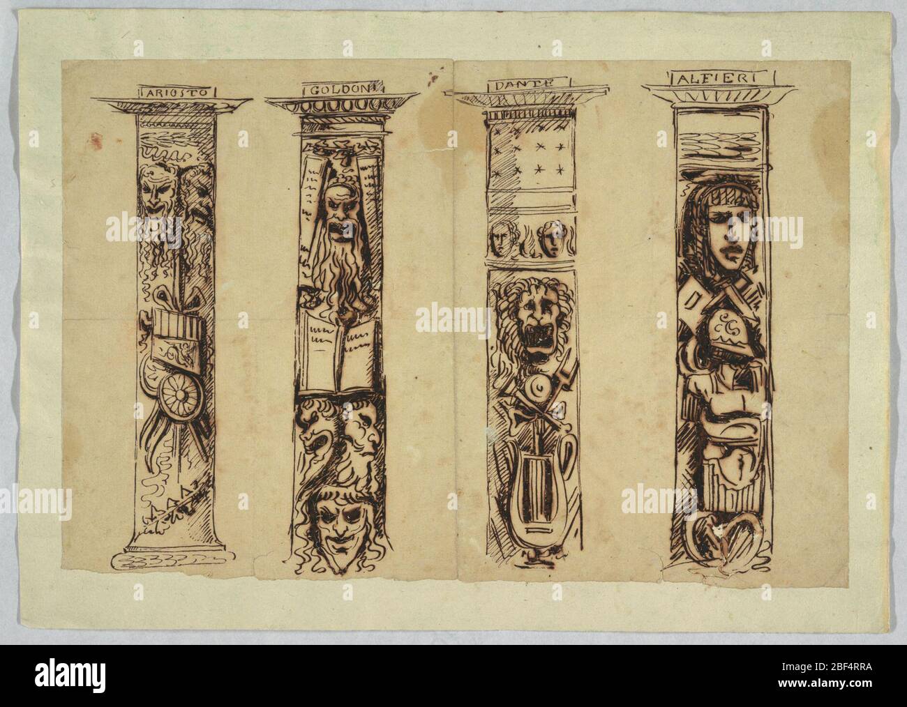 Vier Säulen für italienische Renaissance-Schriftsteller. Von links: Der Text „Ariosto“ mit zwei Masken und einer Trophäe; der Text „Goldoni“ mit Büchern und Masken; der Text „Dante“ mit Löwenkopf und Leier; der Text „Alfieri“ mit Gesicht und Rüstung. Stockfoto
