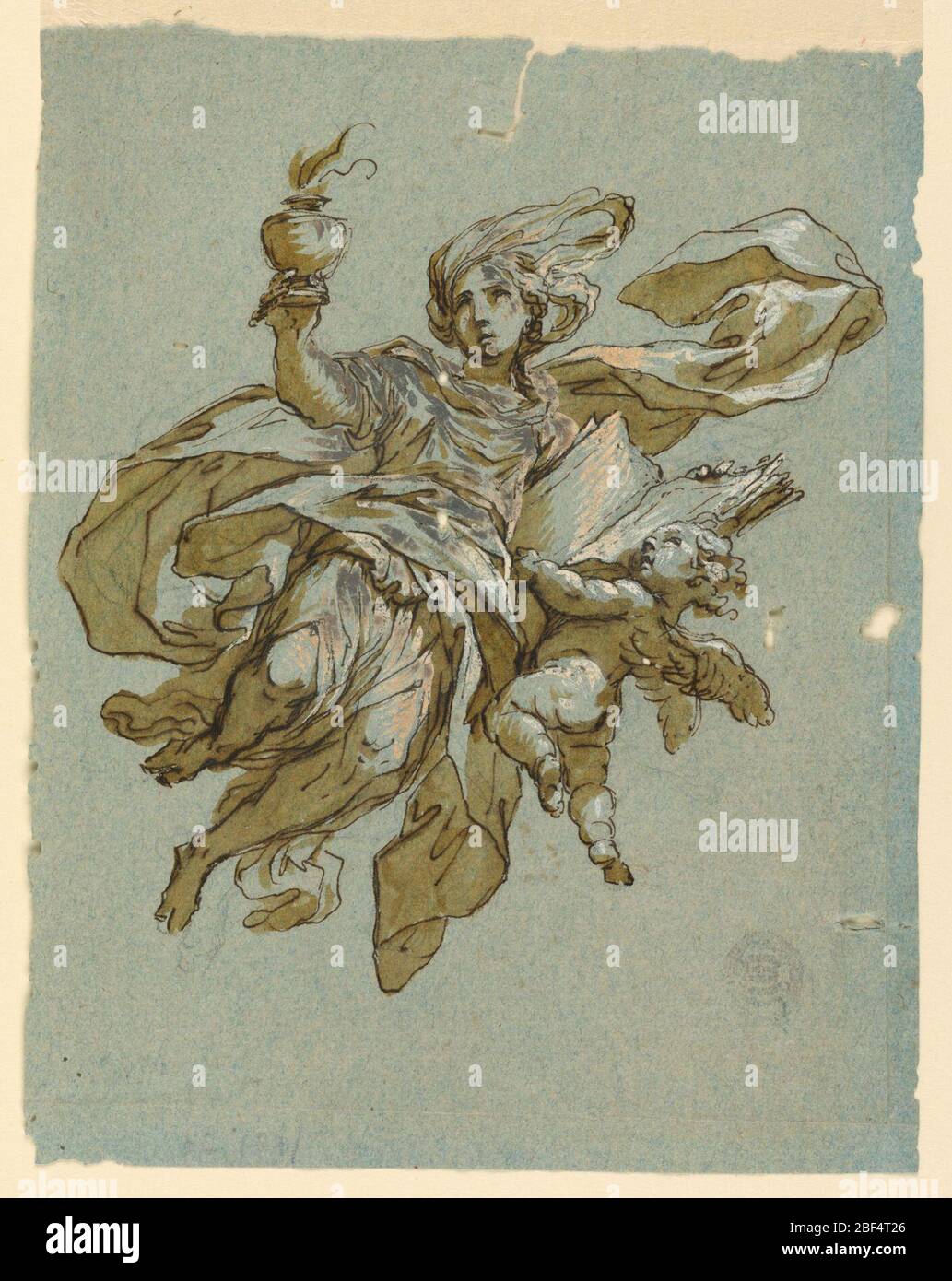 Wandmalerei mit Allegorie der Wachsamkeit. Ein fliegendes Mädchen reiht mit ihrer rechten Hand eine Urne mit einem Feuer. In ihrer linken Hand hält sie ein Buch, das durch einen Putto unterstützt wird. Stockfoto