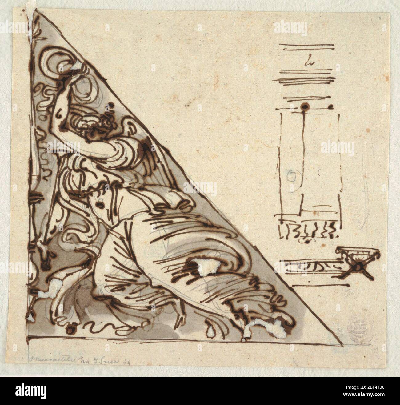 Skizze des Sieges mit Bowknot und Trompete Skizzen der Wand Abschnitt und Hocker. Auf der linken Seite, im rechten Dreieck inclosed, Figur des Sieges hebt Bogenknoten mit linker Hand, während Trompete in der senkrechten Hand. Rechts, Detail eines Wandabschnitts mit einer winzigen Skizze des Hockers. Stockfoto