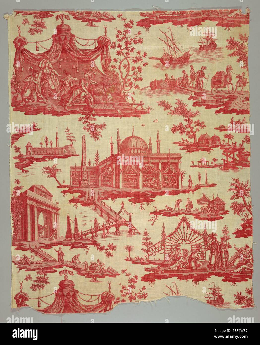 La foire du Caire die Messe in Kairo. Großes Zelt mit exotischen Figuren, ein Einkaufsbasar und eine Straße über Wasser. In rot auf weiß. Stockfoto