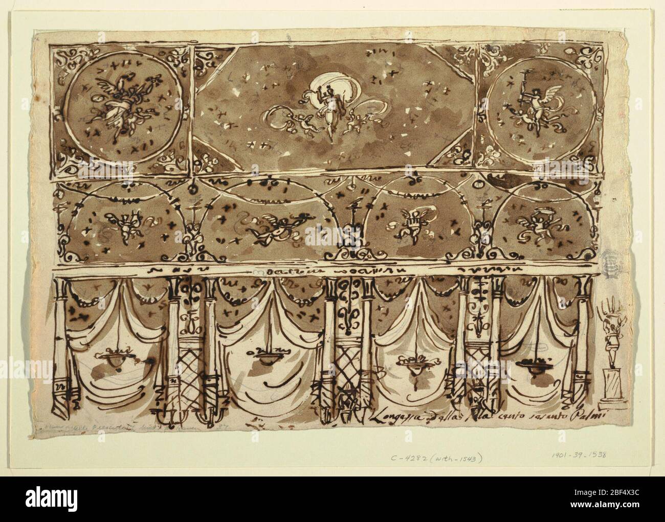 Wand- und Deckendekorationen im Pompeischen Stil. Horizontales Rechteck. Beginnend in der Höhe des oberen Teils des Körpers von Kronleuchtern, bestehend aus Frauen, die auf Säulen stehen und ihre Arme heben. Ring mit Kerzen am rechten Rand skizziert. Frauen stehen zwischen eingebetteten Säulen, rechts. Stockfoto