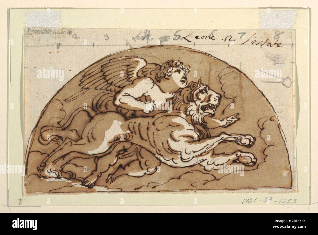 Leo Lunette für Decke Sala Ottagonale Palazzo Milzetti Faenza. Geflügelte Putto reitet einen Löwen innerhalb einer Demilune.Verso: Stift und braune Tinte. Trapezschnitt für Bogen. Stockfoto