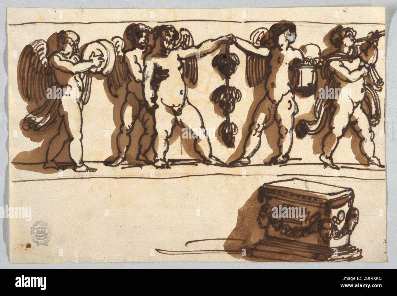 Putto-Frieze Klassischer Altar. Zwei Putti halten unbestimmte Bündel auf einem Band; ein Putto wird durch dritten Putto gestützt. Draußen Putti mit Musikinstrumenten. Horizontale Linien. Unten rechts ein Altar, der schräg gezeigt wird. Stockfoto