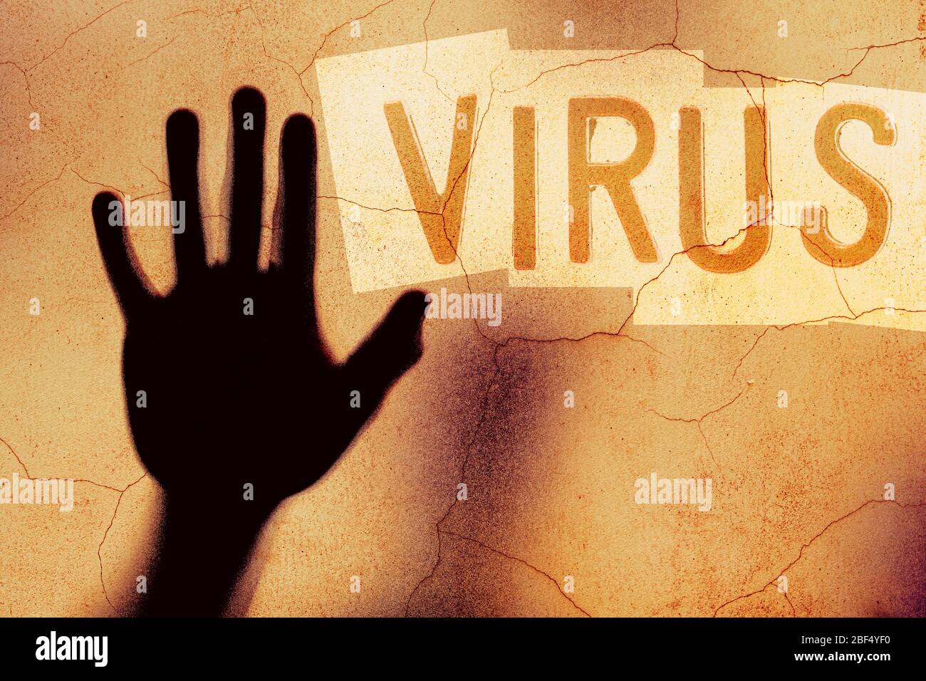 Stop Virus Konzept Gefahr gruselig gruselig Hand Schatten auf grunge gealterte Wand Grafikdesign für Krankheit Ausbruch Abdeckung Hintergrund mit Platz für Text. Stockfoto